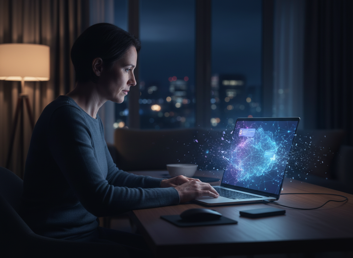 A person looking at a laptop as an abstract AI conversation appears to fade and fragment on screen.