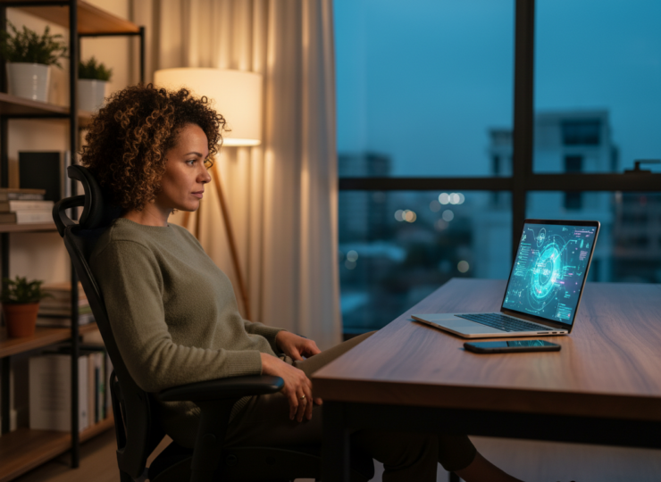A professional working from home at dusk looking away from a laptop while an AI task continues on screen