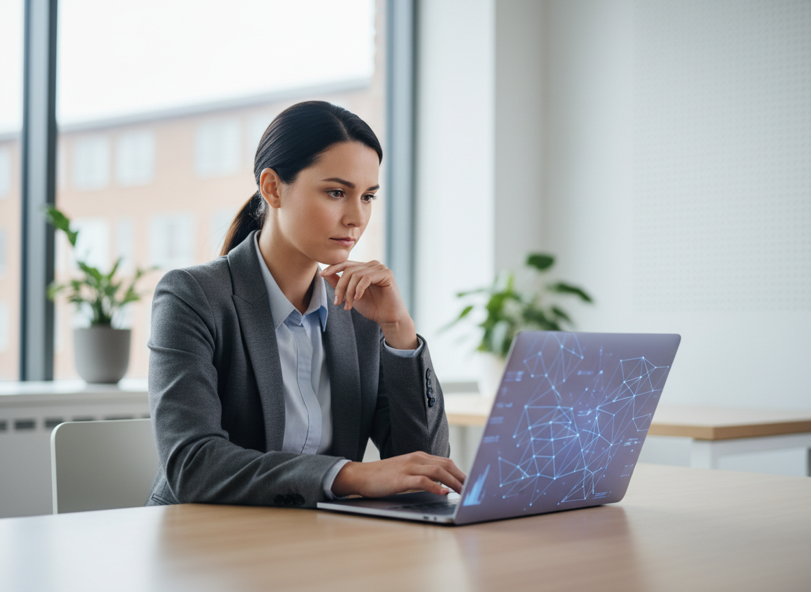 A professional office worker looking thoughtfully at a laptop representing AI-assisted employee attrition analysis.