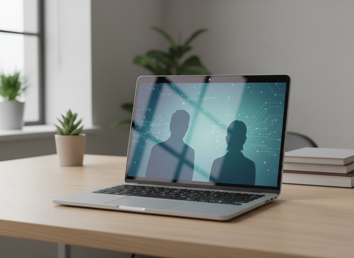 Laptop displaying an abstract AI video interview with adult candidates of different ages