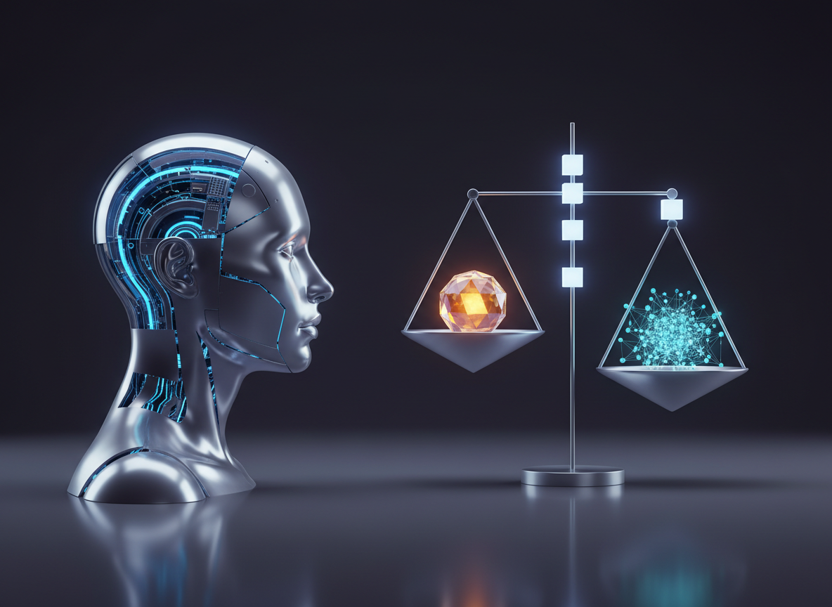 Editorial image of an artificial intelligence profile facing a balanced scale, representing AI moral reasoning and value alignment.