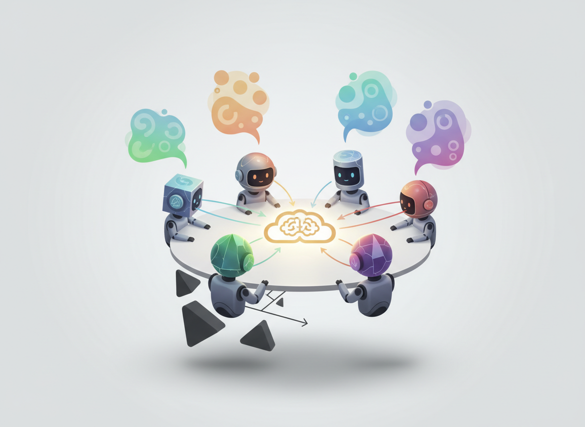 Generic AI agents discussing around a table while visual cues show their opinions converging toward a shared position.