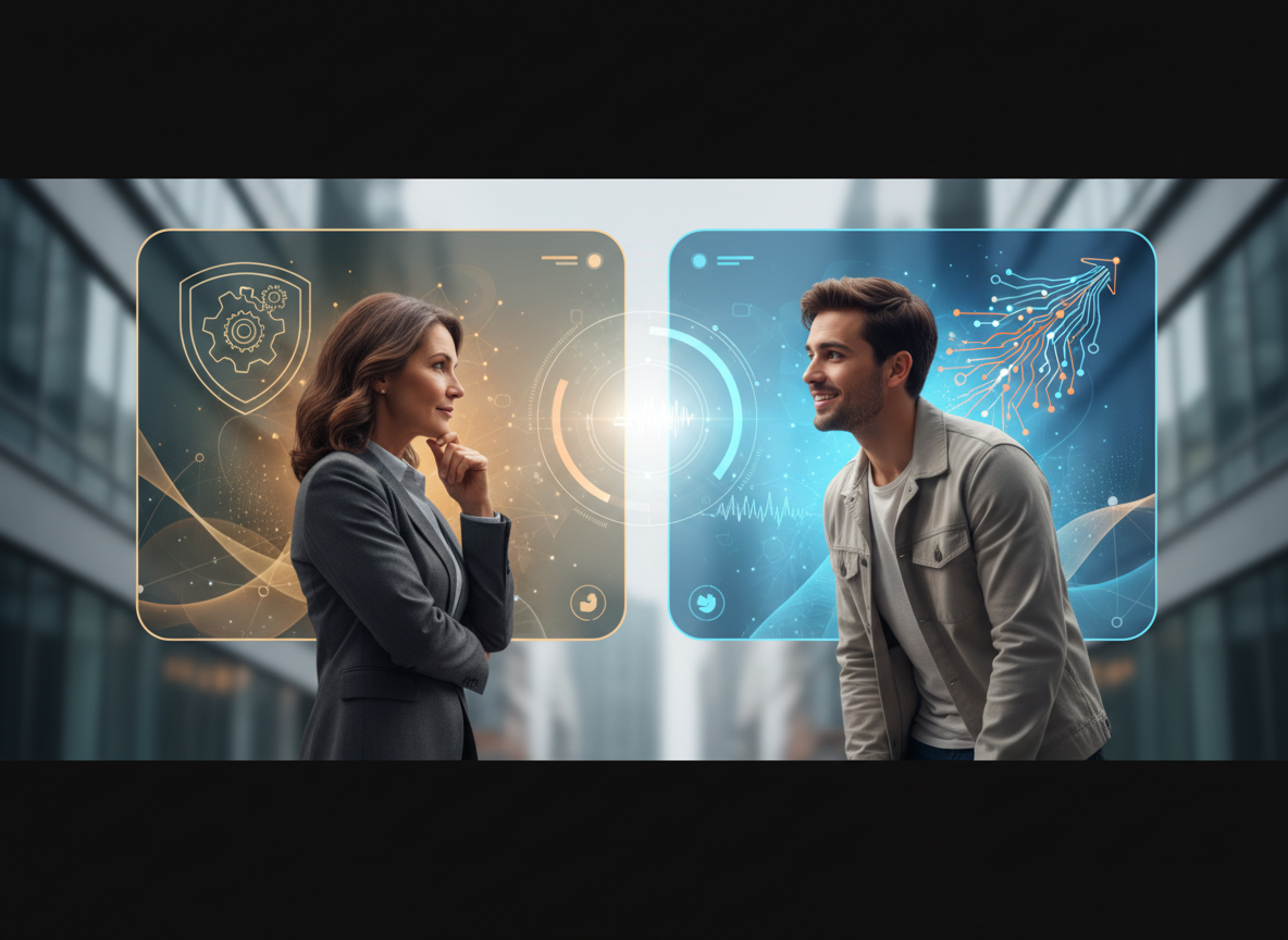 Editorial illustration of an AI chatbot tailoring the same recommendation to different personal values