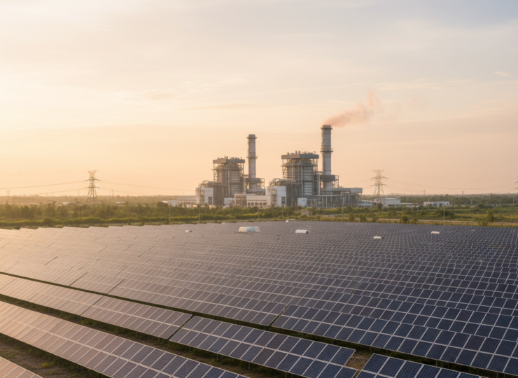 Solar panels beside a low-carbon industrial power facility in Southeast Asia at sunset
