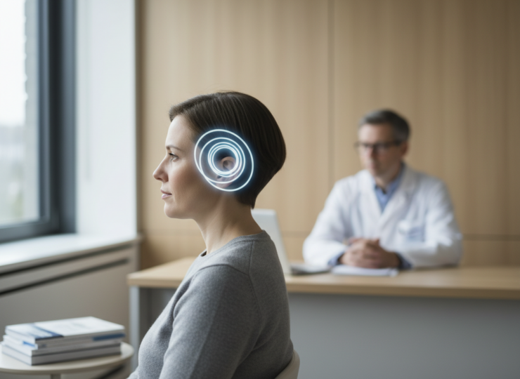 Patient in a clinical setting with a subtle abstract feedback loop representing adaptive brain stimulation.