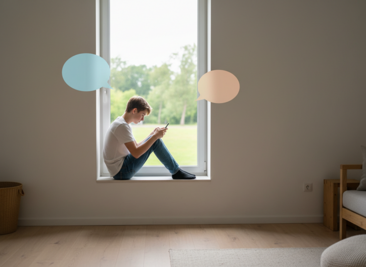 Anonymous teenager using a smartphone beside a window, representing online communication and social cognition