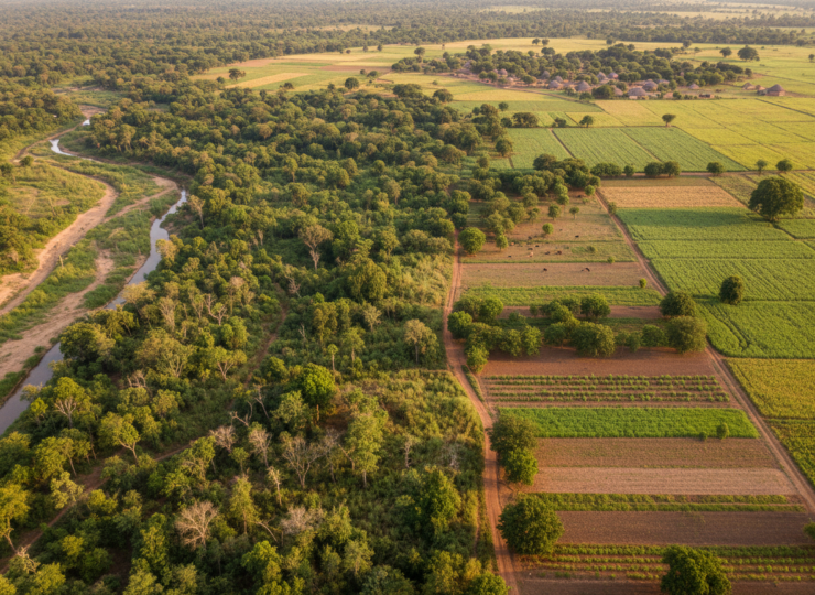 Wide view of restored woodland and neighbouring farmland in sub-Saharan Africa.