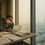 Air pollution reduced the productivity of Chinese researchers, study finds A researcher working at a desk beside a window overlooking a heavily polluted city skyline.