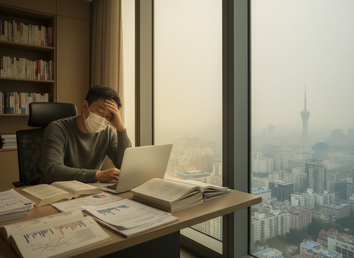 A researcher working at a desk beside a window overlooking a heavily polluted city skyline.