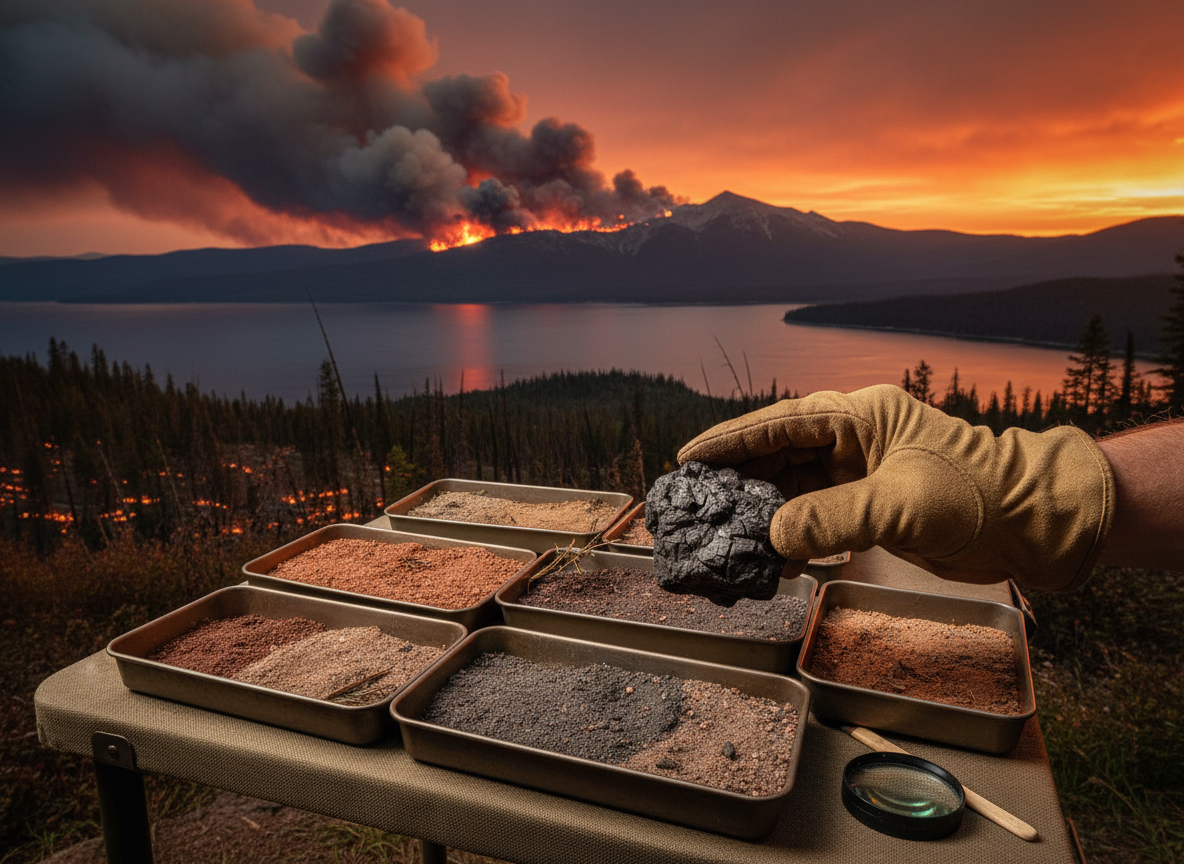 A gloved hand holds a fossil charcoal fragment above sediment samples, with a wildfire burning across a distant forested lake landscape.