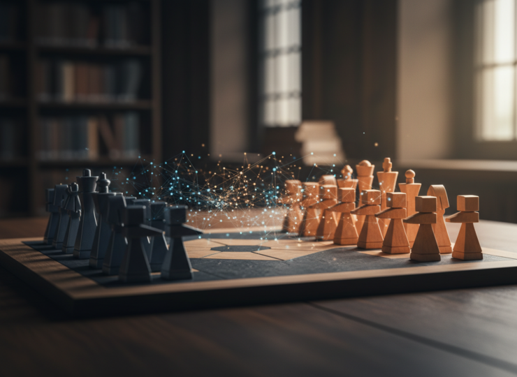 Editorial illustration of an artificial intelligence system analysing a hidden-information strategy board game