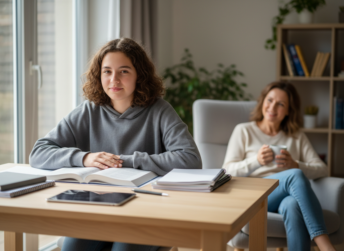 A confident teenager studying at a table while a parent offers calm, supportive guidance nearby.