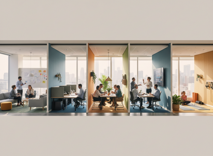 Employees collaborating across a balanced modern workplace environment.