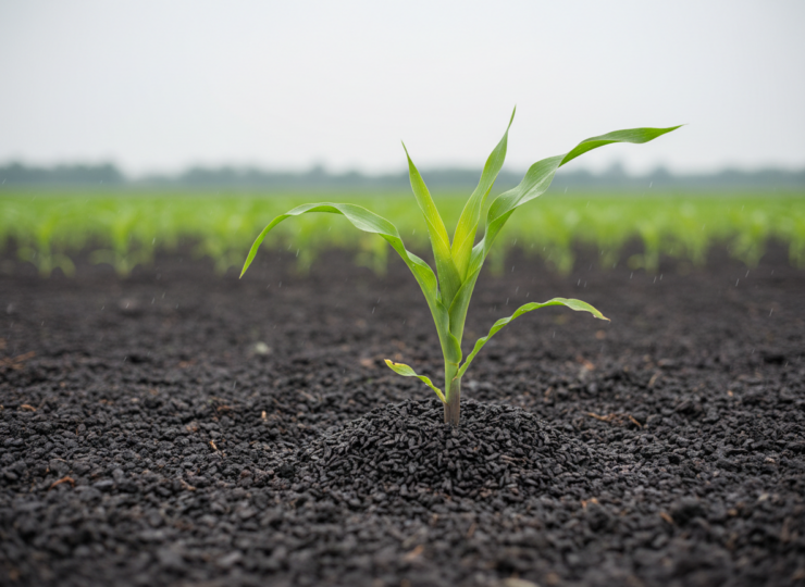 Young maize plant growing in moist soil amended with biochar under rainfed conditions.