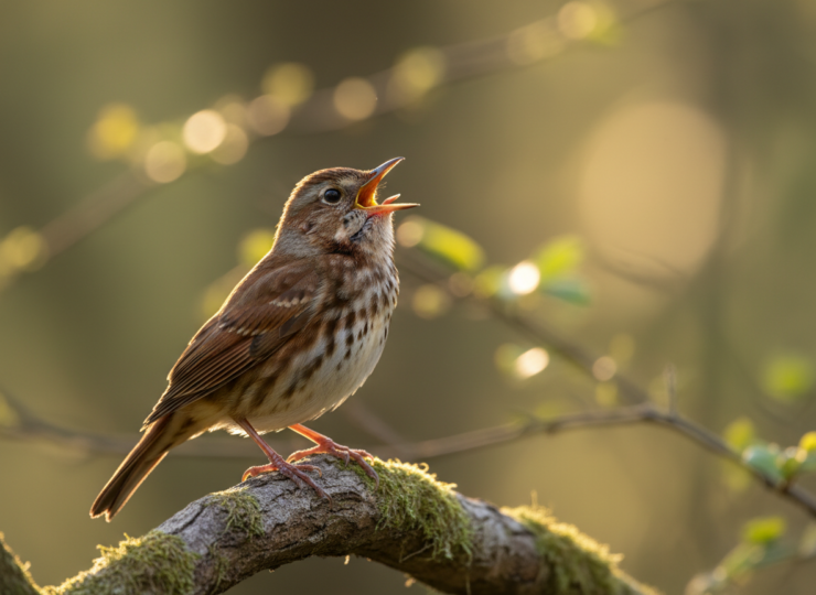 A songbird singing from a branch in soft natural morning light
