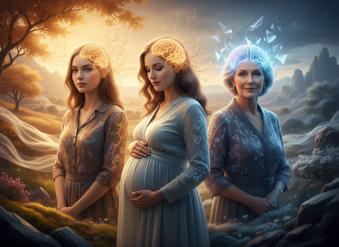 Three women representing adolescence, pregnancy and later life with subtle glowing brain overlays.