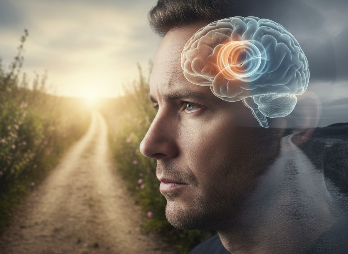 Illustration of a human brain weighing risk and reward before a decision