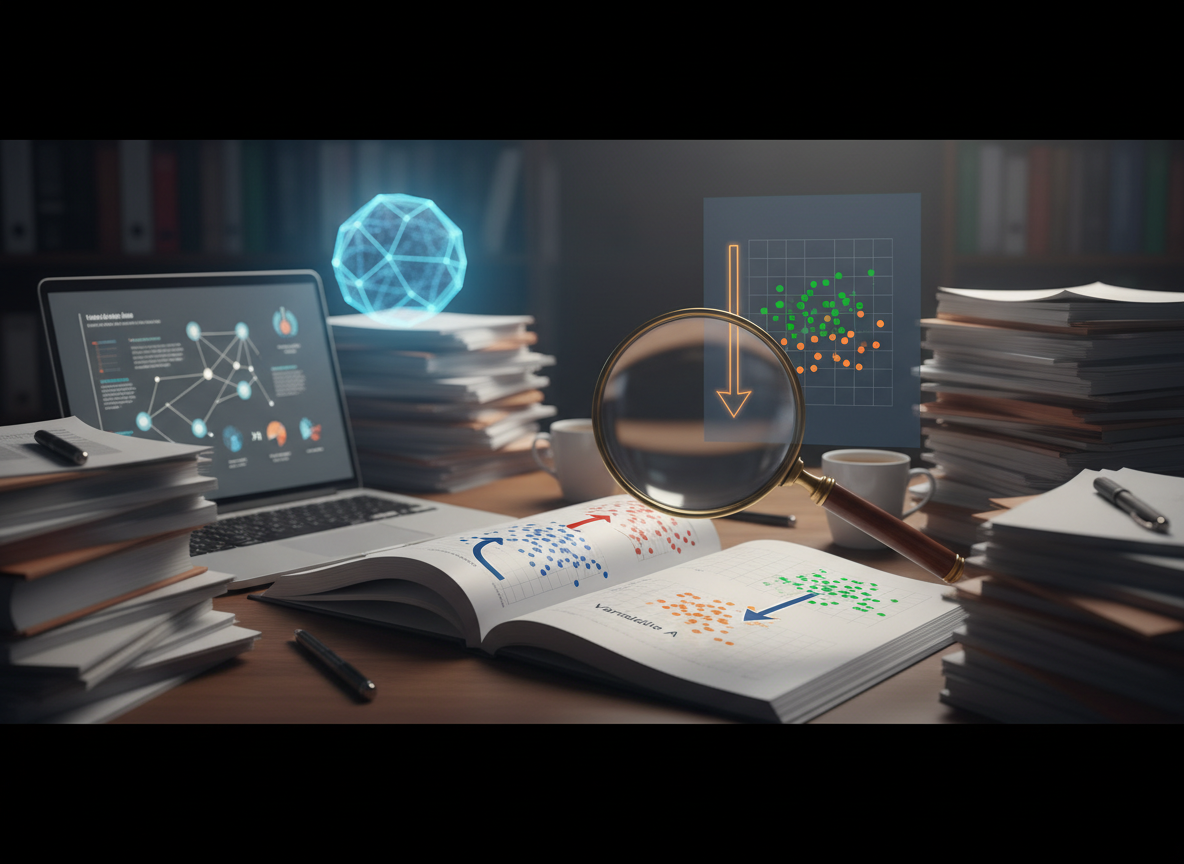 Research papers, charts and a magnifying glass illustrating the difference between correlation and causation.