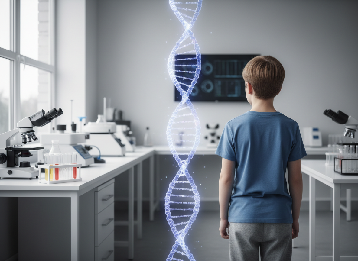 Child beside a subtle DNA double helix representing research into the genetics of childhood adiposity.
