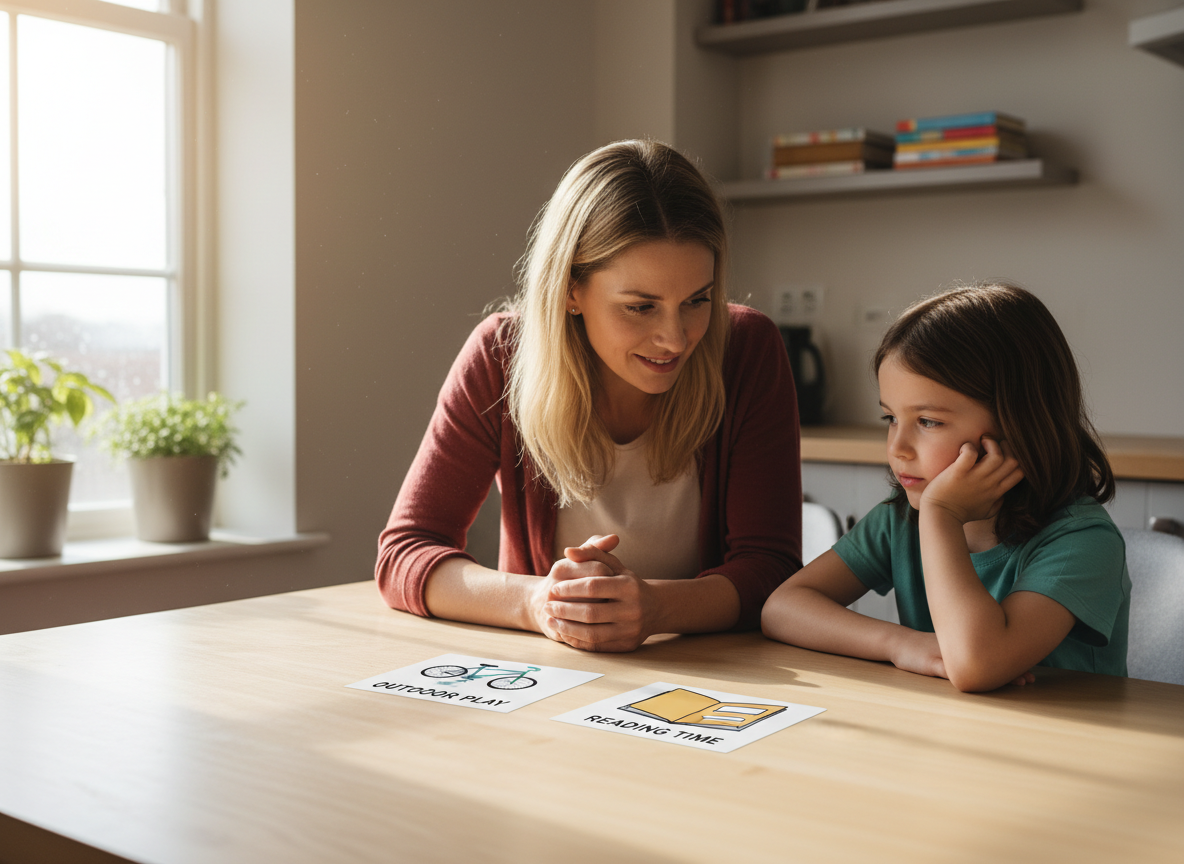 A caregiver and school-age child calmly discussing a choice at a table.