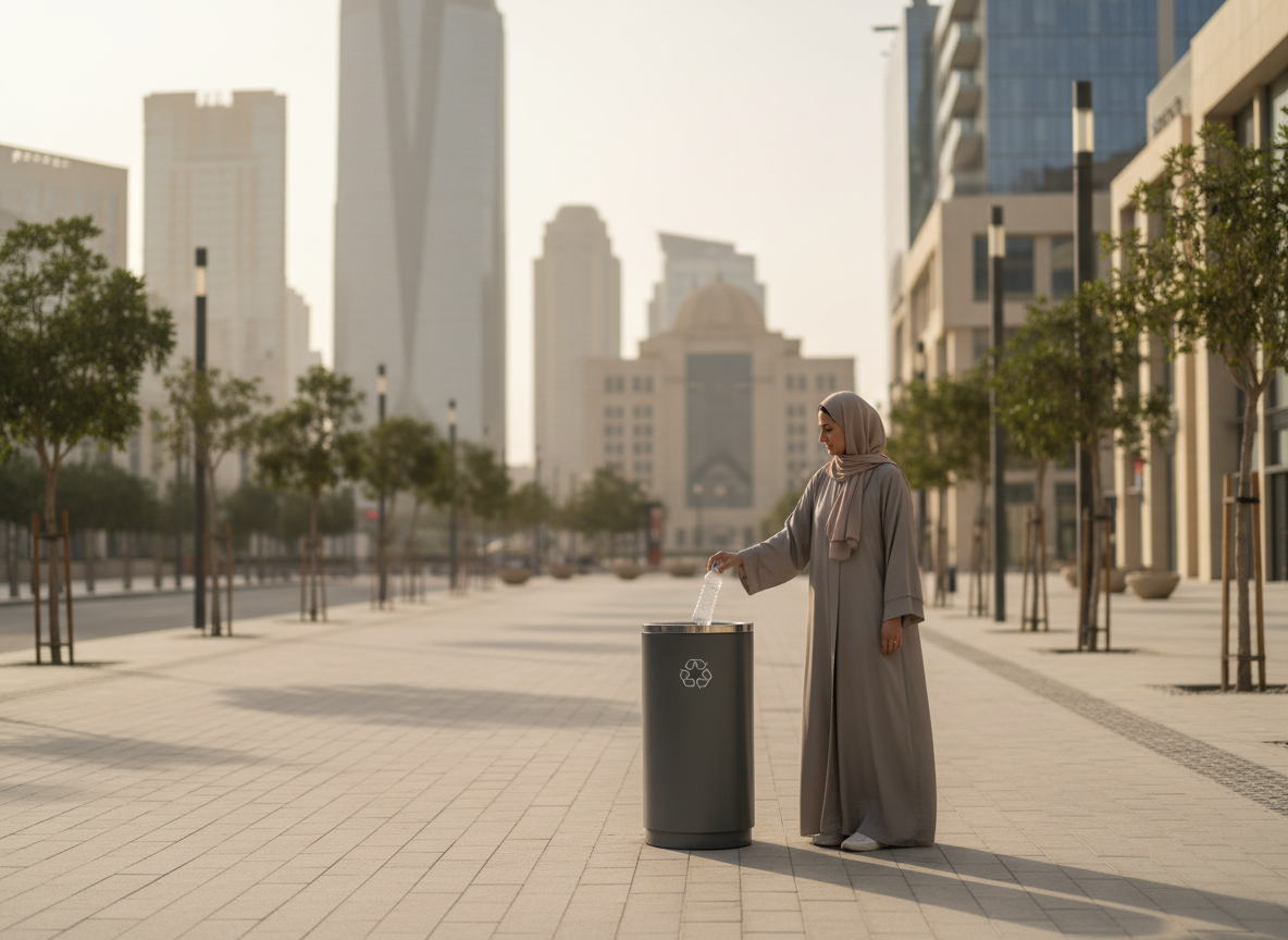 A city resident placing a recyclable bottle into a public recycling bin.