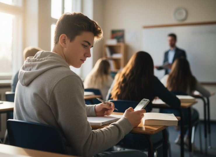 A high school student in a classroom glancing at a smartphone beside an open notebook during a lesson
