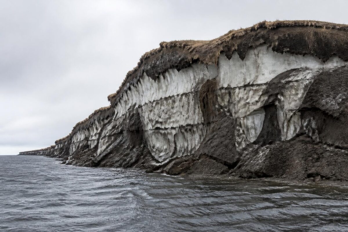 Clean editorial climate-science photograph style image of a single melting permafrost cliff meeting a cold dark ocean, exposed frozen soil as the clear main subject, restrained natural light, realistic texture, simple uncluttered composition, wide landscape framing suitable for a news featured image, no people, no text, no labels, no logos, no watermark, no infographic elements