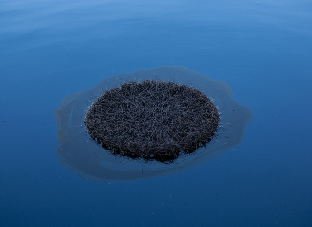 Clean editorial environmental photograph for a research news article: a single compact mat of clean dark human hair fibres floating at the edge of a small glossy black oil slick on blue seawater, close-up, realistic natural texture, simple composition, one clear main subject, restrained neutral lighting, generous negative space, no people, no text, no labels, no logos, no watermark, no infographic elements, professional science journalism aesthetic