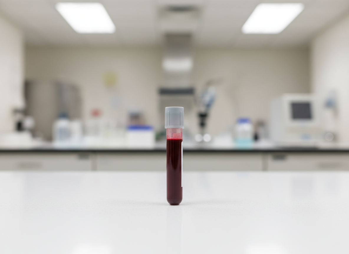 Clean editorial healthcare photograph for a research news article about blood transfusion safety and hepatitis screening. One clear main subject: a single sealed blood sample tube containing red blood, standing upright on a simple clinical laboratory surface. Soft neutral laboratory background out of focus, realistic professional medical photography, restrained composition, ample negative space, no people, no needles entering skin, no text, no labels, no logos, no watermarks, no charts, no decorative graphics, no clutter. Landscape featured-image composition.