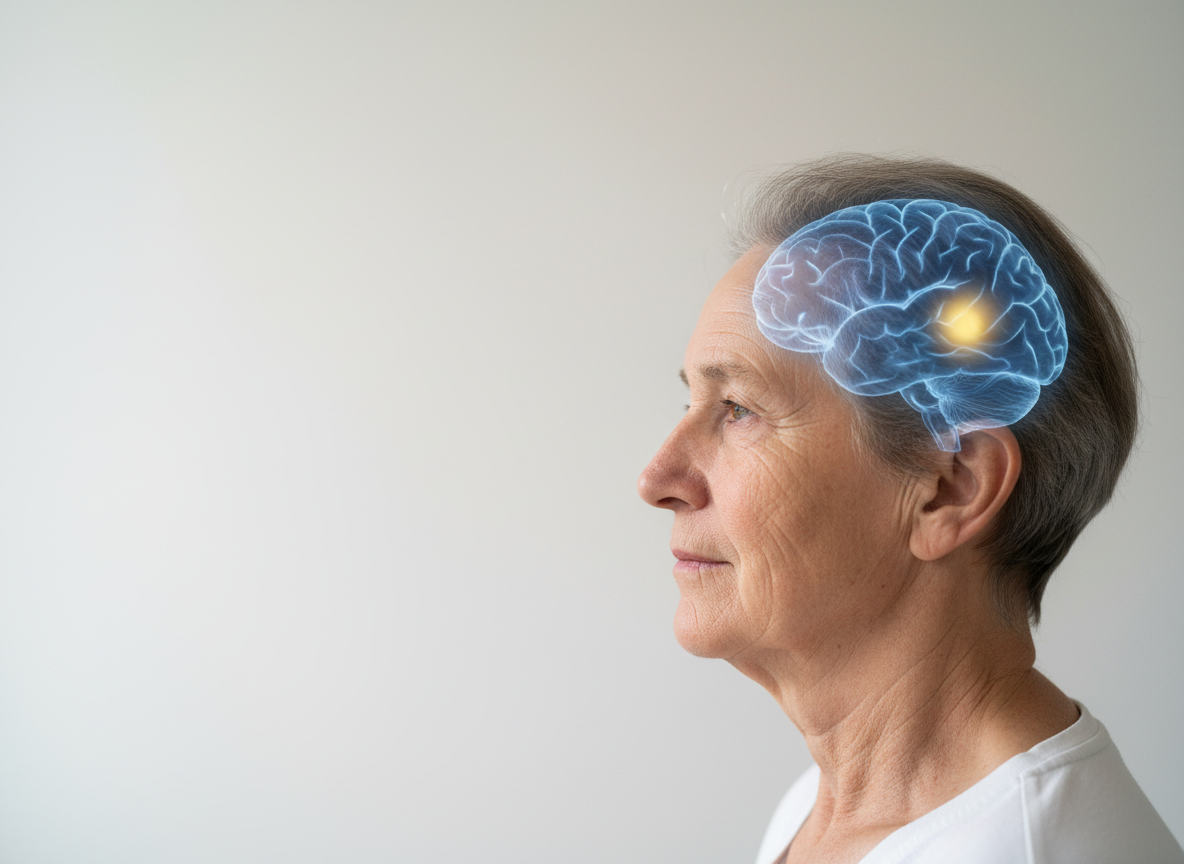 Clean editorial medical science photograph, one clear main subject: side profile of an older adult with a subtle semi-transparent brain MRI visualization aligned inside the head, a single small softly highlighted area suggesting a silent cerebral infarct, neutral clinical background, realistic and respectful, minimal composition, ample negative space, no text, no labels, no arrows, no logos, no watermark, no dramatic symptoms, no clutter, horizontal news featured image composition