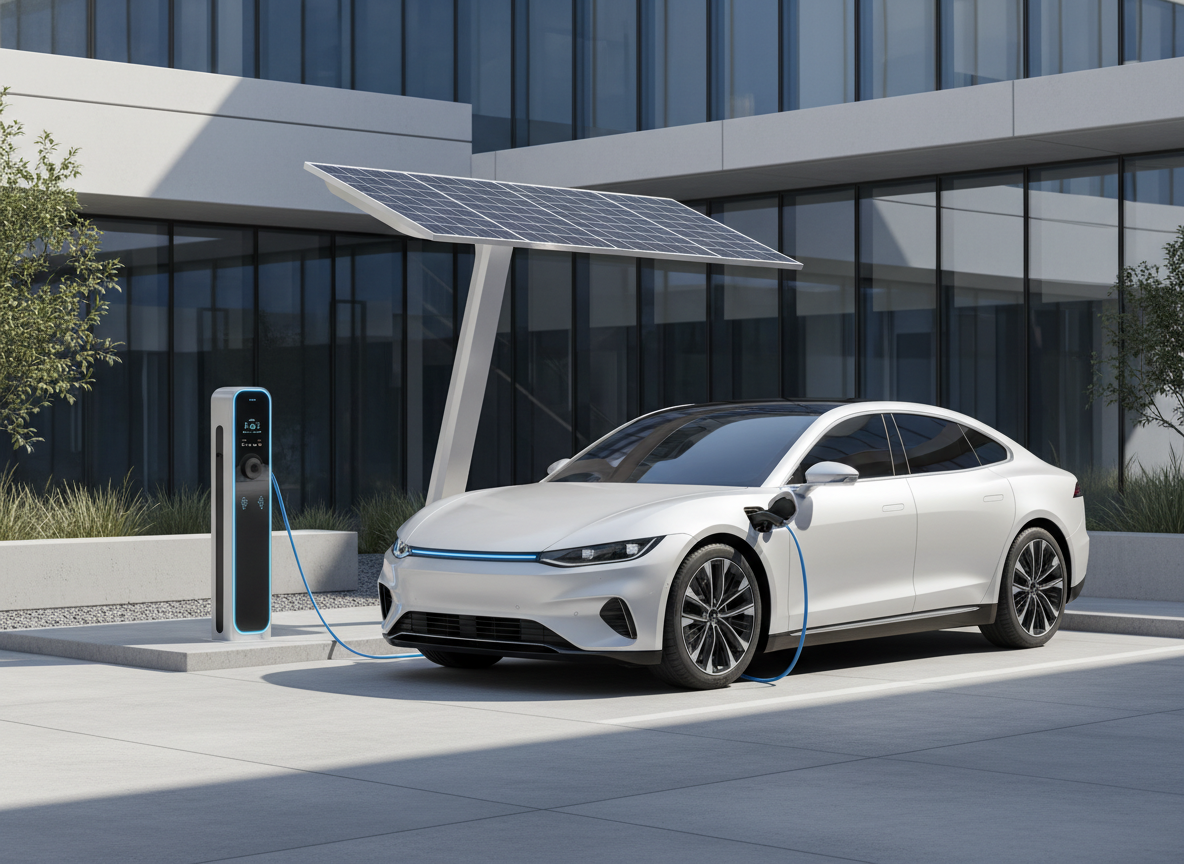 Clean editorial photograph for a research news article about intelligent electric vehicle charging. One modern electric car connected to a single charging station, with a small solar panel canopy visible in the background, uncluttered contemporary setting, realistic natural daylight, professional science and technology publication aesthetic, simple composition with one clear main subject, no people, no text, no labels, no logos, no brand marks, no watermark.