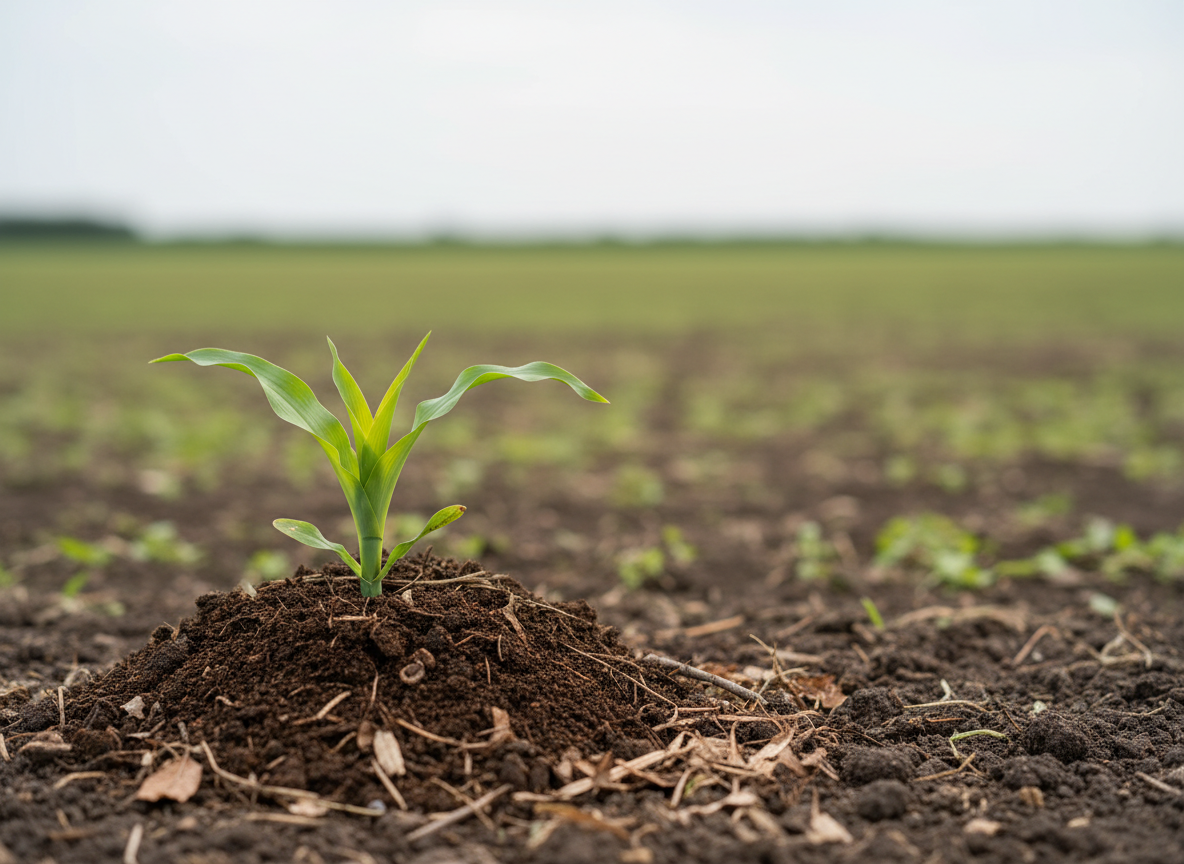 Clean editorial photograph for an environmental research publication. One clear main subject: a young green crop plant growing from rich dark agricultural soil, with a small amount of natural organic compost incorporated around the roots. Soft daylight, realistic scientific editorial photography, shallow depth of field, uncluttered field background, simple composition, no people, no text, no labels, no diagrams, no logos, no watermark. Landscape featured-image composition with generous clean space and a professional news-magazine look.