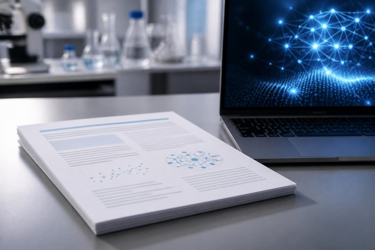 Clean editorial photograph-style illustration for a research news website. One clear main subject: a single printed scientific research proposal resting on a desk beside a softly glowing laptop screen suggesting artificial intelligence analysis. Minimal modern laboratory-office background, shallow depth of field, restrained professional lighting, uncluttered composition, realistic paper texture. No people, no readable text, no letters, no numbers, no labels, no logos, no watermarks, no interface elements.