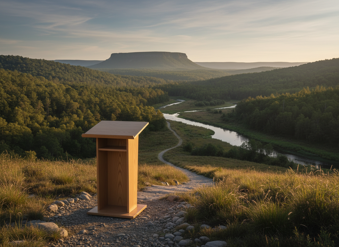 Clean editorial photograph-style illustration for a research news article about land acknowledgement and Indigenous custodianship. One clear main subject: a simple natural landscape viewed from ground level with a single understated empty lectern in the foreground, warm daylight, respectful neutral documentary mood, minimal composition, uncluttered background, no people, no flags, no symbols, no text, no labels, no logos, no watermark, landscape 16:9.