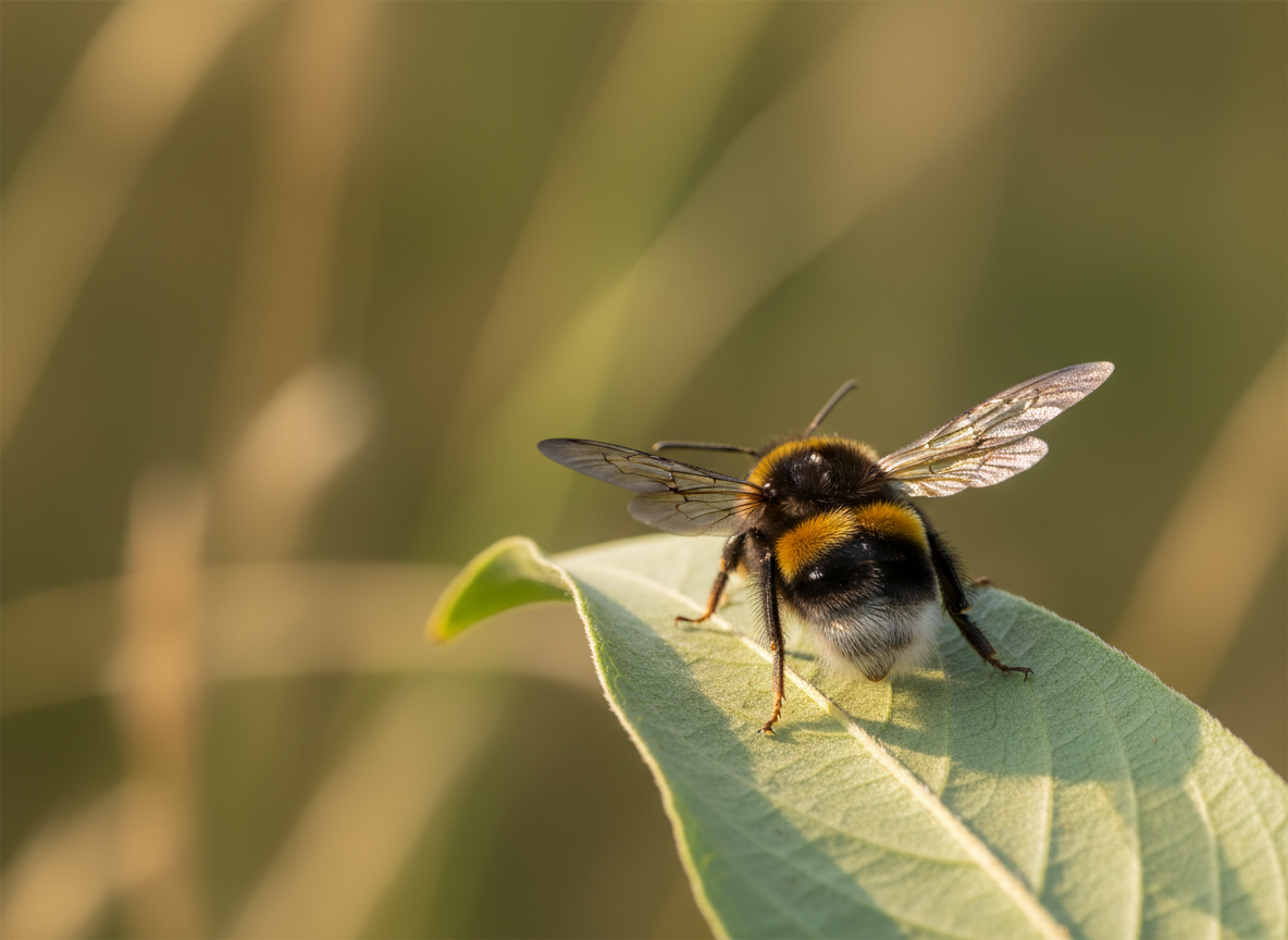 Clean editorial photograph-style image of a single buff-tailed bumblebee resting on a simple pale green leaf, wings clearly visible and natural, warm summer sunlight suggesting heat stress, shallow depth of field, uncluttered softly blurred natural background, scientifically plausible anatomy, one main subject only, no flowers, no people, no text, no labels, no logos, no watermark, professional science magazine feature image, landscape composition with generous negative space
