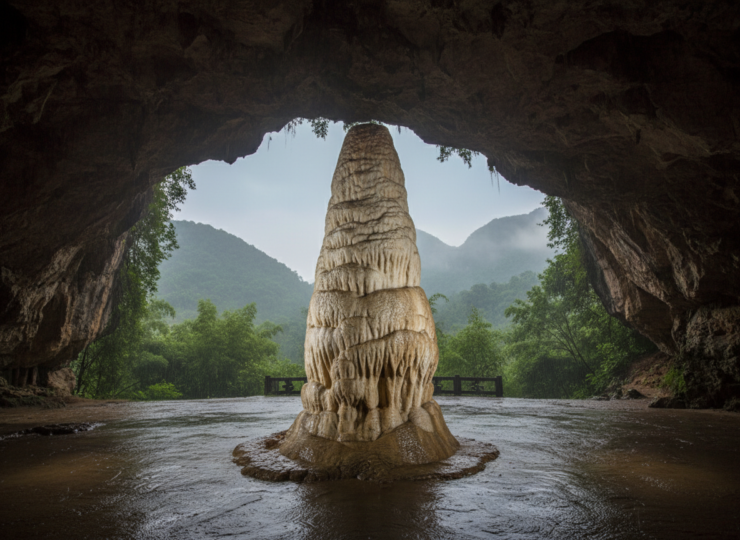 Stalagmite inside a cave overlooking a rainy green monsoon landscape, illustrating ENSO rainfall seasonality recorded in cave deposits