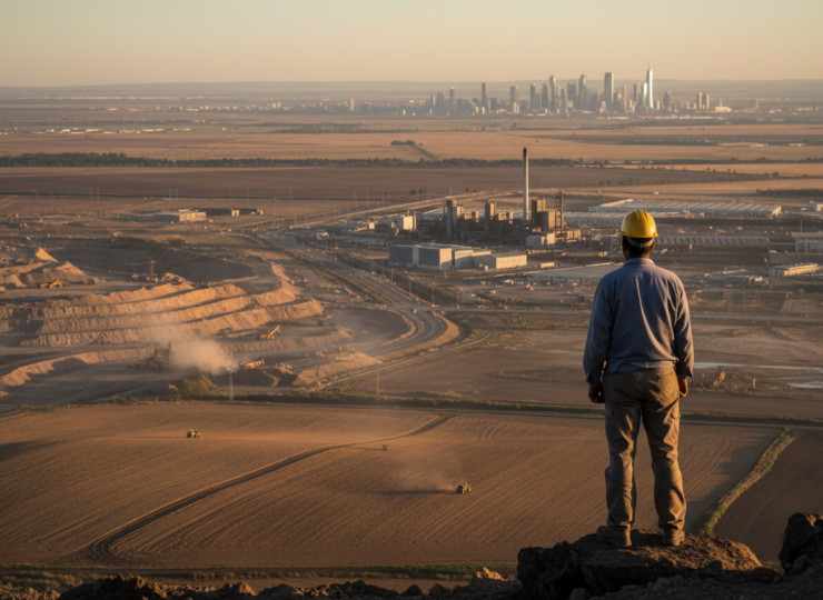 Worker overlooking agricultural, industrial and urban economic activity, illustrating South Africa's changing employment structure.