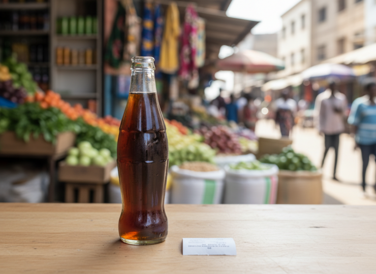 An unbranded sugary drink on a shop counter, illustrating consumer responses to Ghana's beverage tax