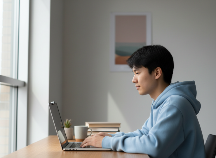 Student using a laptop in an online learning setting