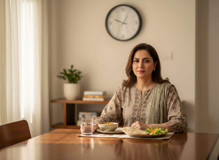 Clean editorial research-news photograph for an article about meal regularity and sociocultural influences in Pakistan. One clear main subject: an adult Pakistani woman seated calmly at a dining table in a warm modern home, with a simple meal in front of her and a wall clock softly out of focus in the background, suggesting meal timing. Respectful neutral expression, natural daylight, realistic photography, minimal clutter, generous negative space, landscape composition. No readable text, logos, labels, watermarks, body-weight imagery, distress, stereotypes, or implication that appearance predicts eating behaviour.