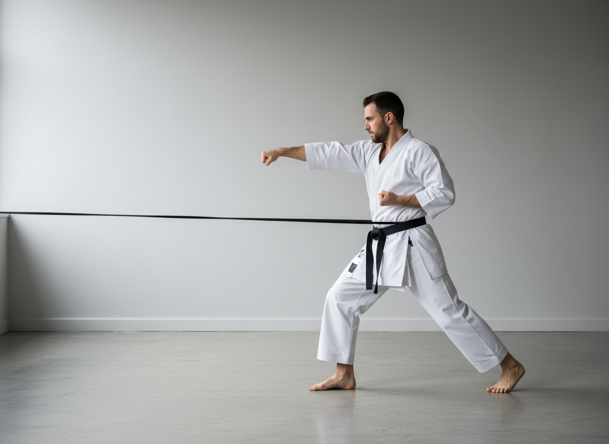 Karate athlete performing a resistance-band Gyaku-Zuki punch