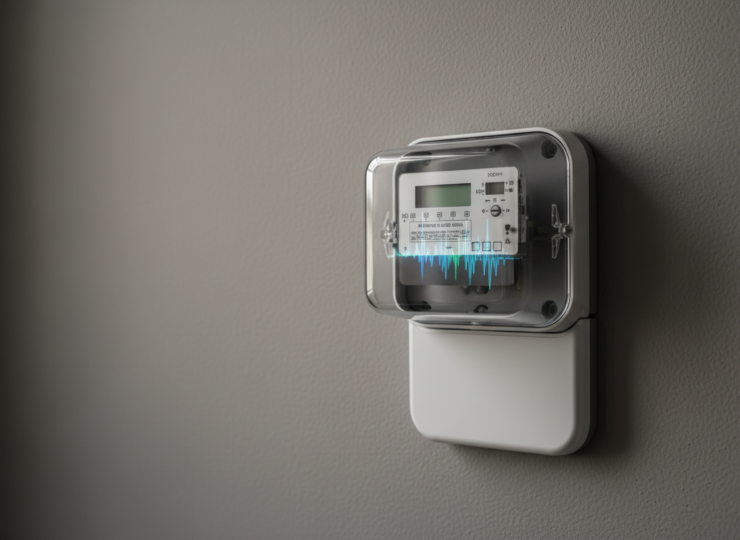 Clean editorial technology image for a research news article about detecting electricity theft with machine learning. One modern residential smart electricity meter as the single clear subject, subtle abstract data waveform reflected on its glass display, neutral dark background, realistic professional photography, restrained lighting, minimal composition, no people, no text, no numbers, no labels, no logos, no watermark, no extra objects, 16:9 news-feature aesthetic.