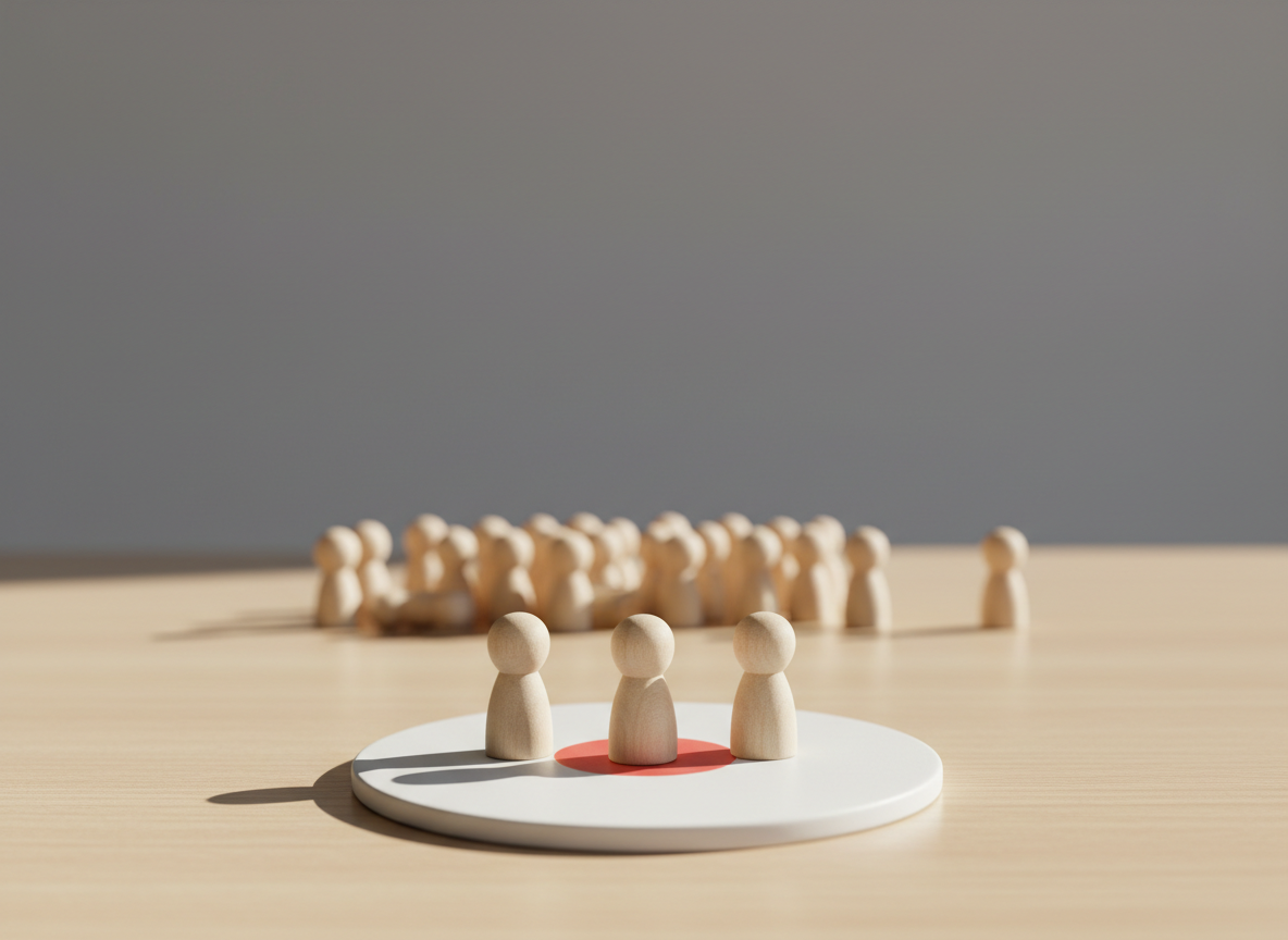 Clean minimalist editorial research-news image about scarcity and attention experiments. A tabletop game with exactly three simple wooden tokens in the foreground facing a neutral circular target, and a larger set of tokens softly blurred farther back. The visual should suggest unequal resource budgets and experimental decision-making, not real poverty. One clear main subject, restrained academic editorial photography, soft natural light, minimal clutter, generous negative space, landscape 3:2 composition. No people, no text, no numbers, no labels, no logos, no watermarks, no money, no brand marks, no infographic elements.
