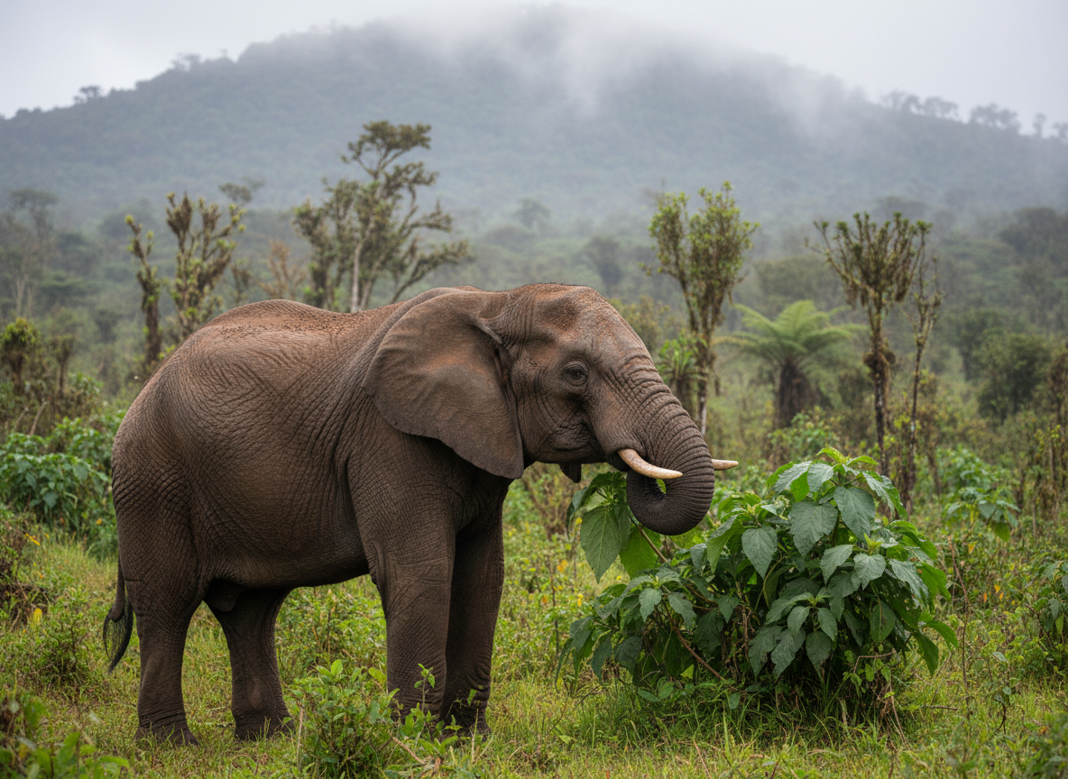 Clean photorealistic editorial wildlife image of one adult African elephant in a lush Mount Elgon forest in Kenya, calmly reaching its trunk toward green medicinal-looking foliage, natural daylight, misty mountain vegetation in soft background, one clear subject, minimal clutter, professional science news photography, landscape composition, no people, no text, no labels, no logos, no watermark