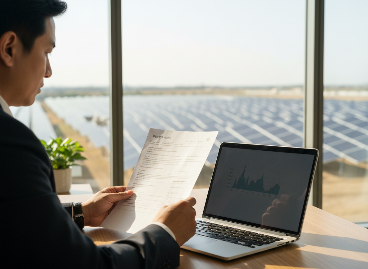 African development finance professional reviewing climate investment documents with renewable energy infrastructure in the background