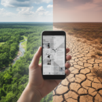 People who reported more climate misinformation saw climate change as further away, eight-country study finds Smartphone showing climate misinformation against contrasting green and drought-stricken landscapes