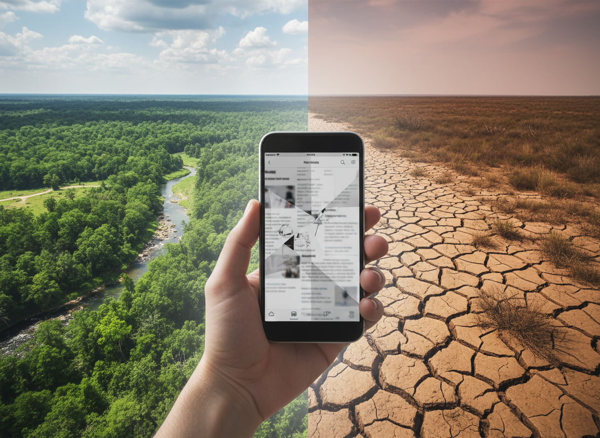 Smartphone showing climate misinformation against contrasting green and drought-stricken landscapes