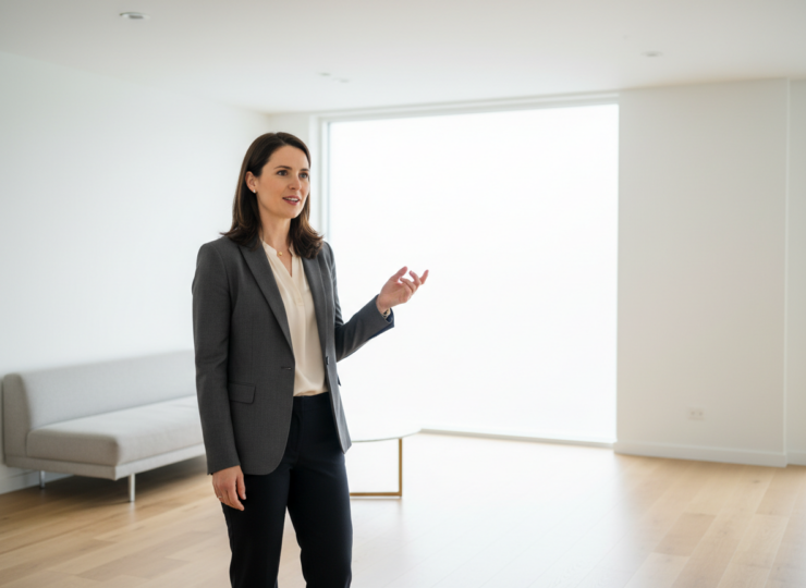 Adult speaking and gesturing while standing upright in a minimal indoor setting.