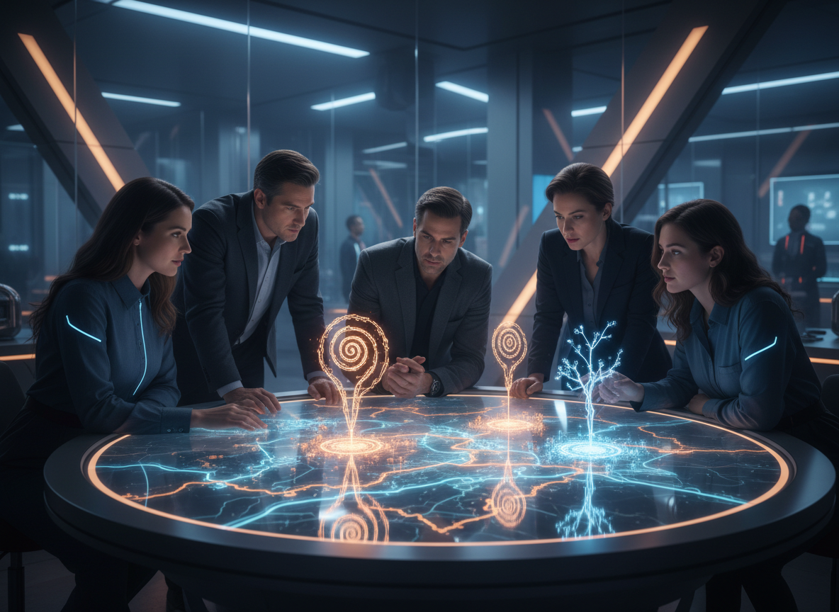 Five adults collaborate around a glowing 3D tracking map, with brighter markers indicating the group members who are currently performing best.