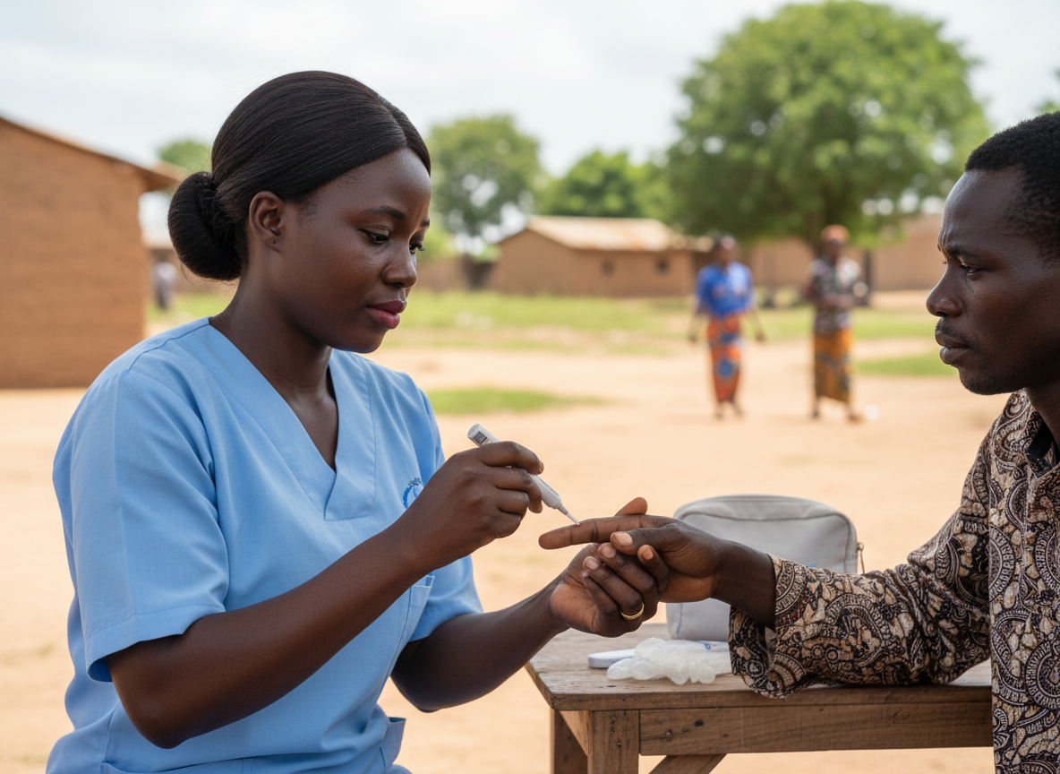 A community health worker conducting a malaria rapid test at an outdoor health station in rural Ghana.